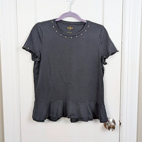 Kate Spade | Black Peplum Cotton T-Shirt with Pearl Studs Size Medium - Picture 1 of 6